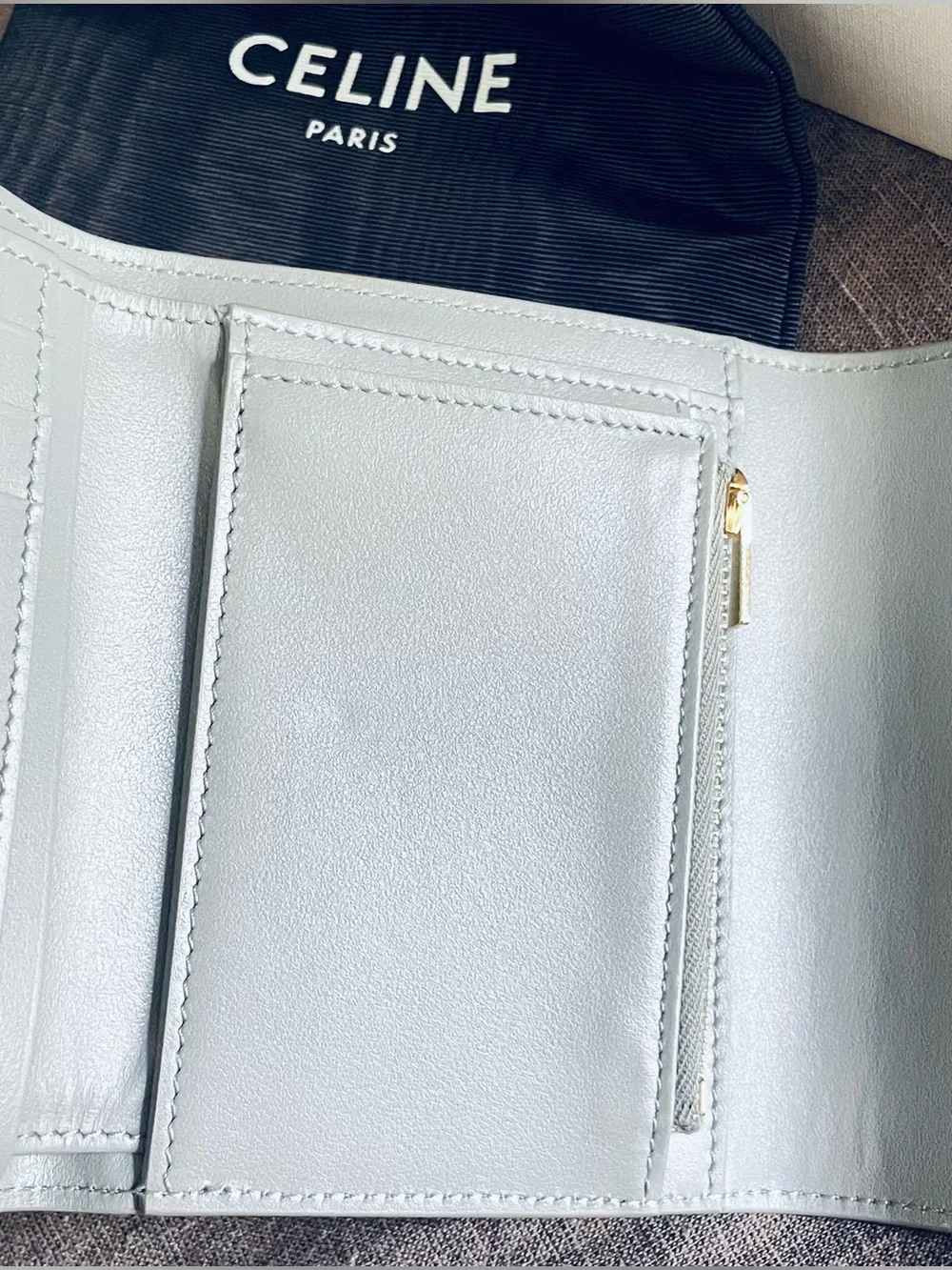 Celine Light Gray Leather Card Holder with Gold Lock